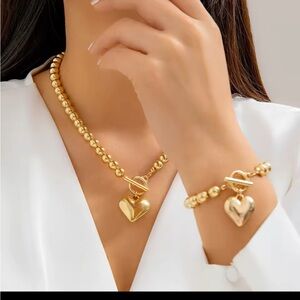Gold Heart Necklacece and bracelet set